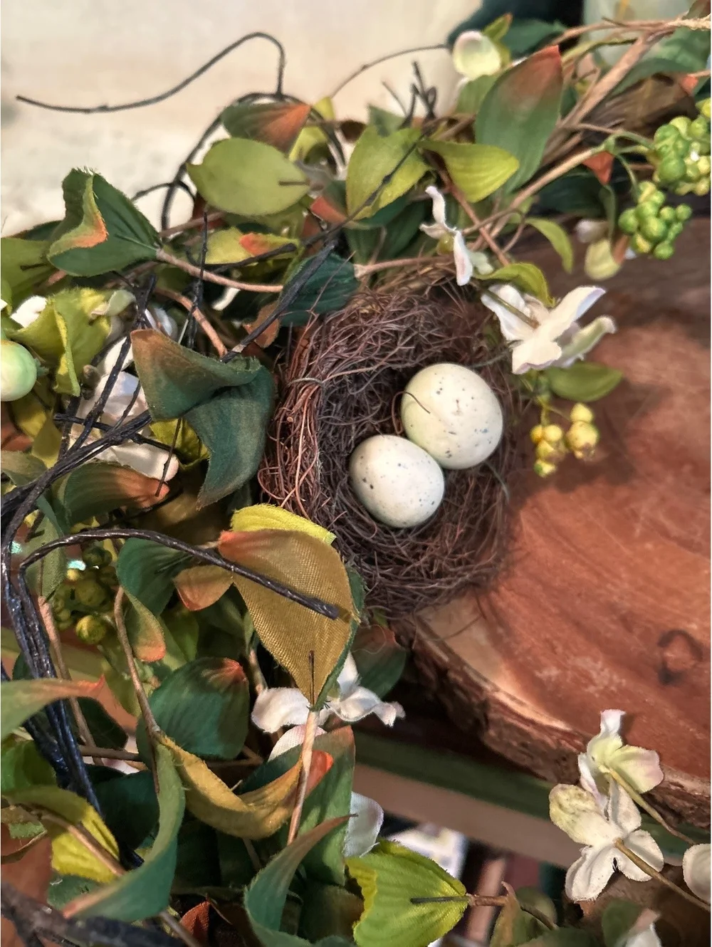 Decorative Spring Wreath with Faux Bird Nests and Eggs